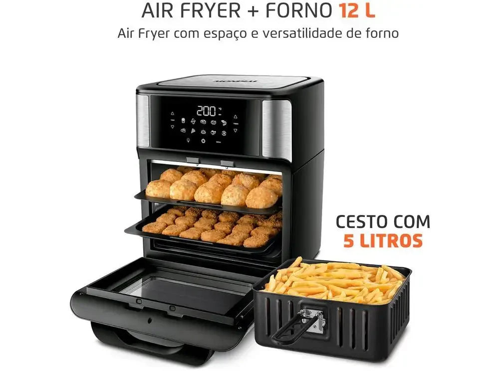 Air fryer forno 12L preta com cesto de 5 litros, batatas fritas e alimentos assados