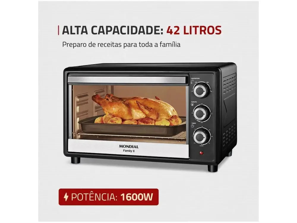 Forno elétrico Mondial Family II 42 litros, assando frango, 1600W de potência