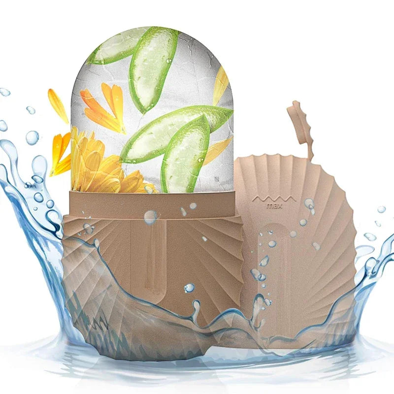 Desodorante sólido natural com embalagem marrom e desenhos de aloe vera, pétalas e respingos d'água