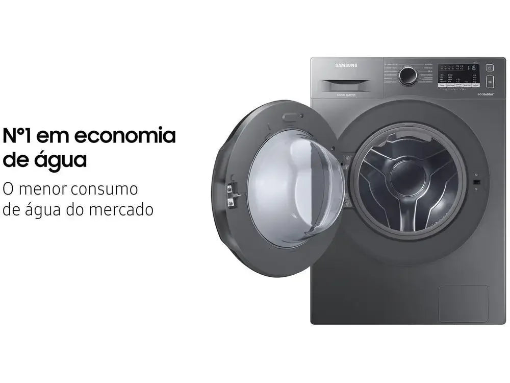 Máquina de lavar Samsung porta frontal aberta, destaque para economia de água