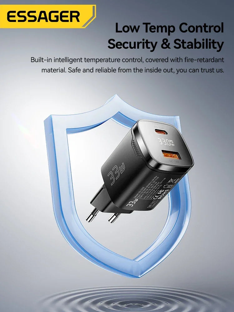 Carregador Essager 33W preto com porta USB, imagem com escudo azul destacando segurança e estabilidade.