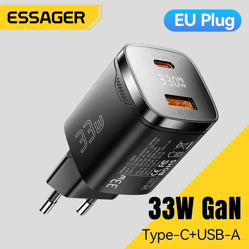 Carregador Essager 33W GaN com plugue europeu, portas USB-C e USB-A, preto