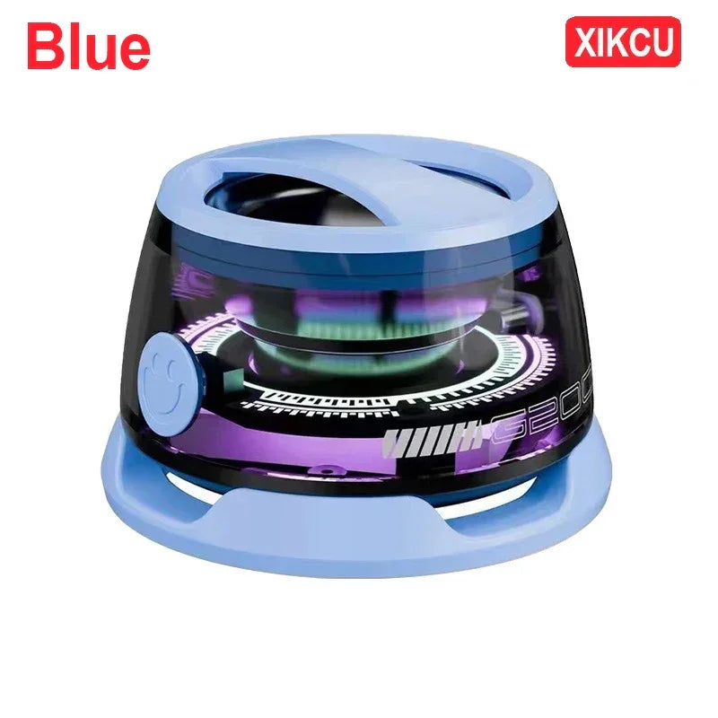Mini aspirador robô de mesa XIKCU azul, design moderno com detalhes tecnológicos