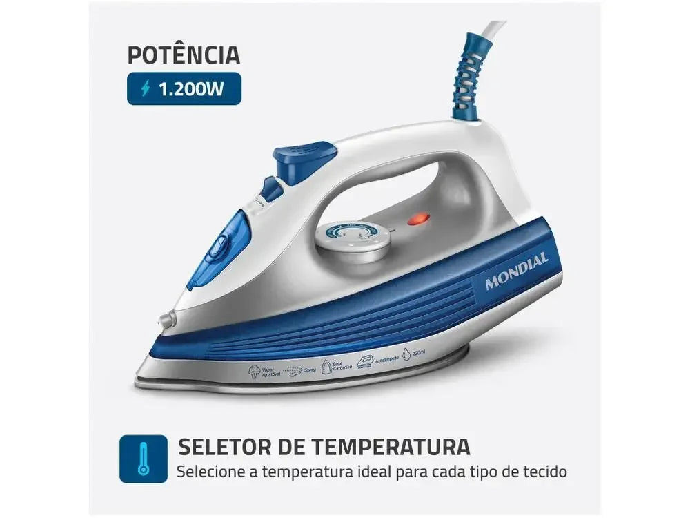 Ferro de passar roupa Mondial azul e branco, 1200W, seletor de temperatura, destaque para potência