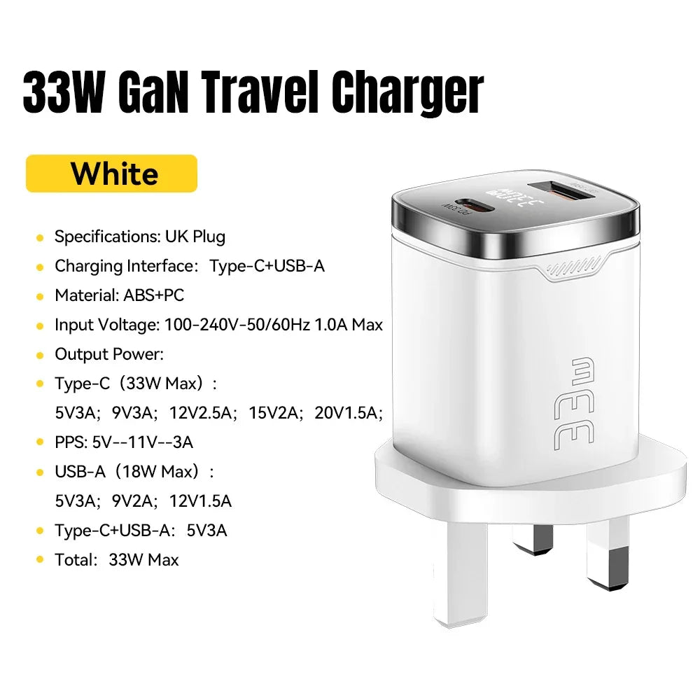 Carregador de viagem branco 33W GaN UK plug com portas USB-C e USB-A mostrado com especificações.