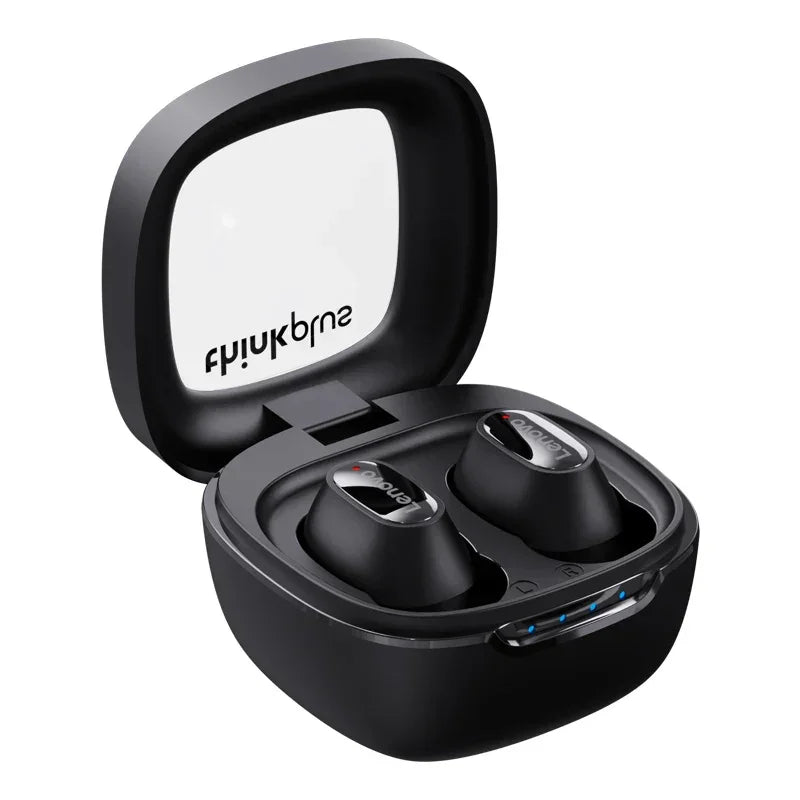 Fone de ouvido Bluetooth Lenovo preto em estojo de carregamento aberto