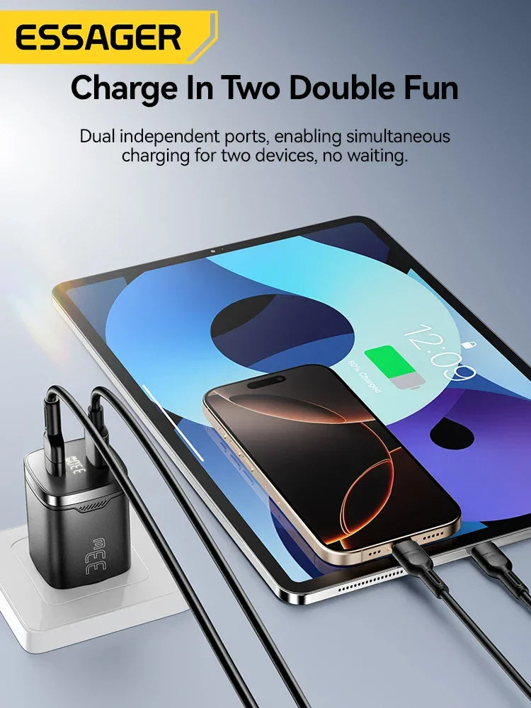Carregador Essager com duas portas carregando tablet e smartphone simultaneamente.