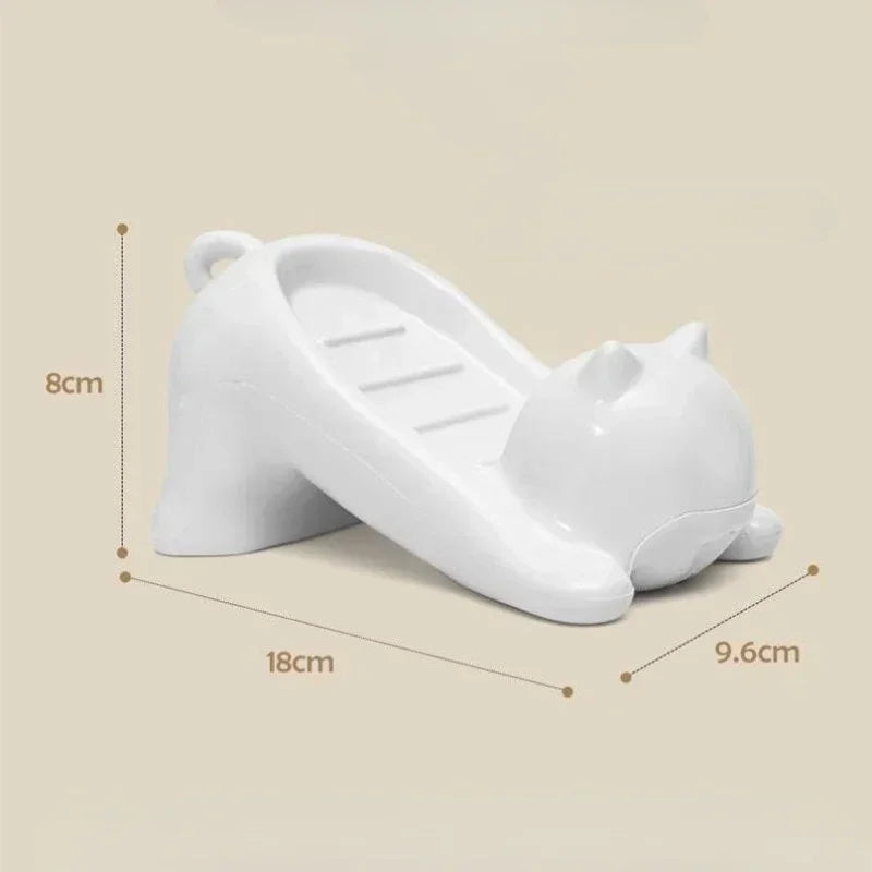 Suporte branco para sabonete em formato de gato com dimensões destacadas, 18x9,6x8cm