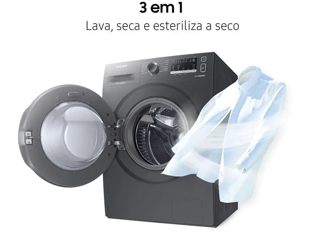 Máquina de lavar roupa Samsung preta 3 em 1, porta aberta, camisa branca esterilizada ao lado.