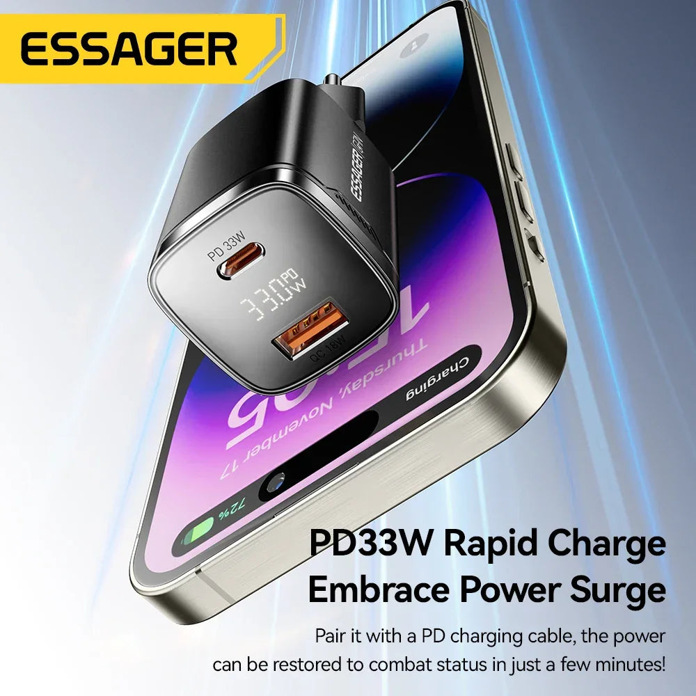 Carregador rápido Essager PD33W com duas portas USB sobre smartphone moderno