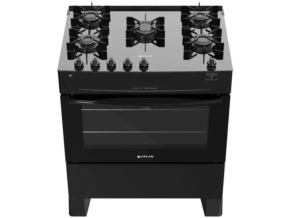 Fogão Atlas Monaco Top Glass preto 4 bocas com forno, design moderno, acabamento em vidro