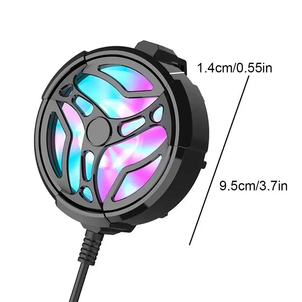 Cooler de celular com LED RGB azul e rosa, formato circular, dimensões 9,5cm x 1,4cm