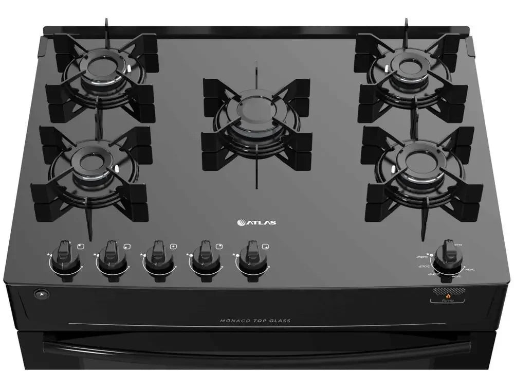 Fogão Atlas Mônaco Top Glass 5 bocas preto com mesa de vidro temperado e botões frontais