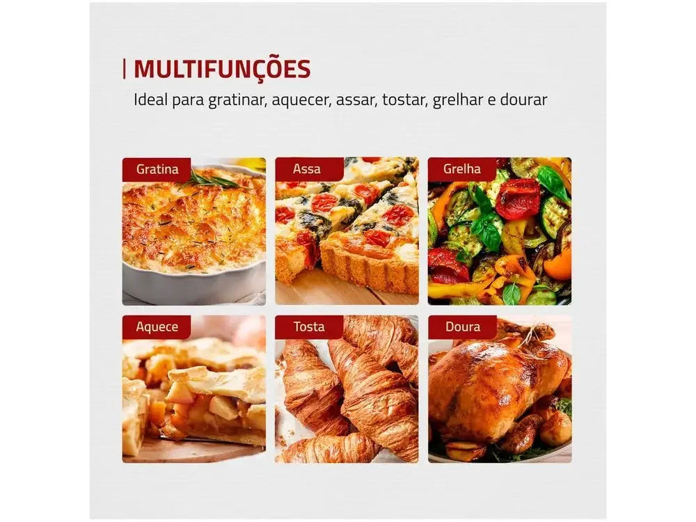 Painel multifunções com fotos de gratinar, assar, grelhar, aquecer, tostar e dourar alimentos