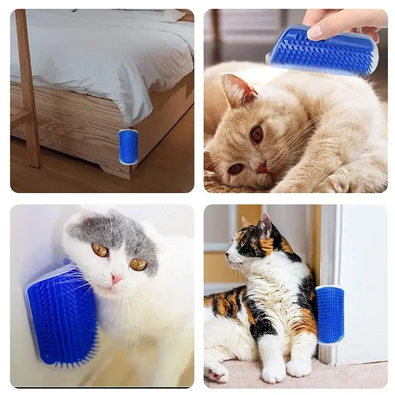 Escova azul para gatos, fixada na parede e móvel, com gatos se esfregando e sendo escovados.