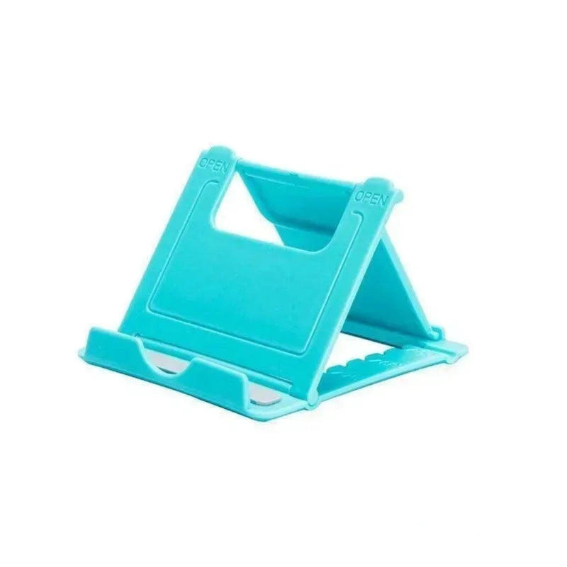 Suporte ajustável azul para celular ou tablet em plástico, fundo branco.