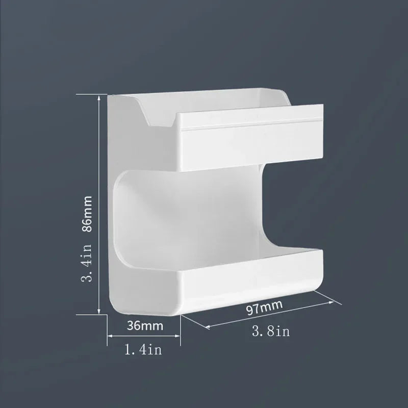 Suporte de parede branco para banheiro, com medidas 86mm x 97mm x 36mm, fundo cinza.