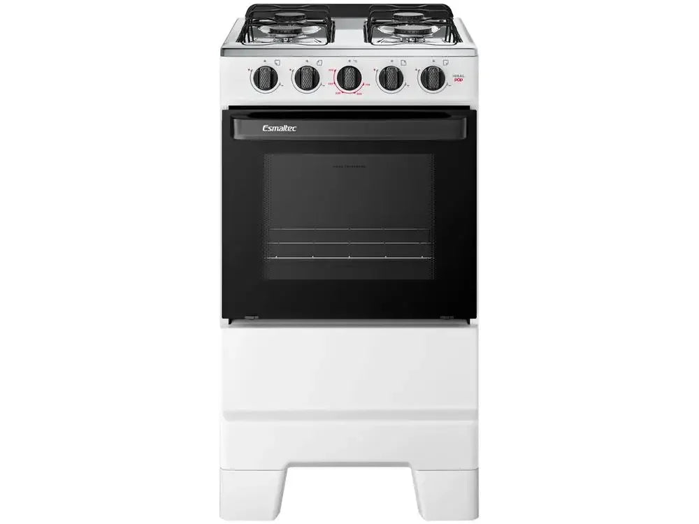 Fogão de piso Esmaltec branco com quatro bocas e forno, painel frontal com botões.