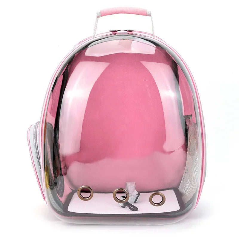 Mochila cápsula rosa transparente para transporte de pets, com alças e furos de ventilação.