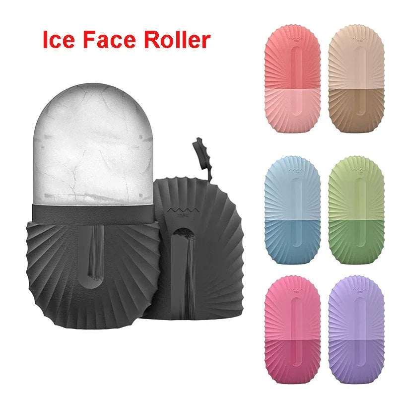 Ice face roller em silicone preto e opções coloridas, acessório para cuidados faciais.