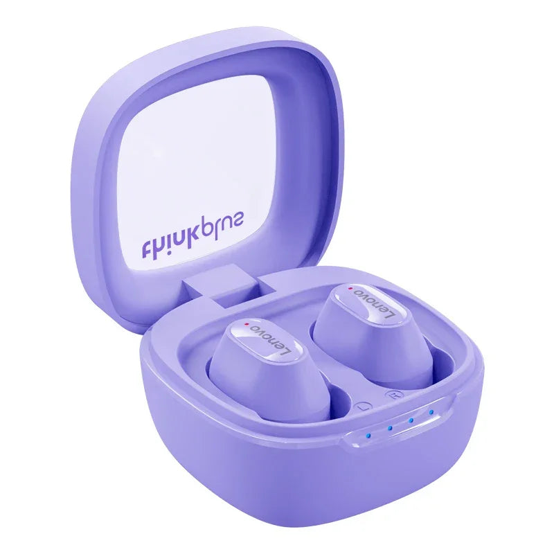 Fones de ouvido Lenovo sem fio roxos em estojo carregador aberto