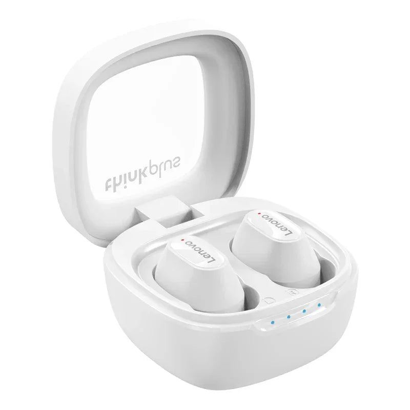 Fones de ouvido Lenovo brancos sem fio em estojo de carregamento aberto