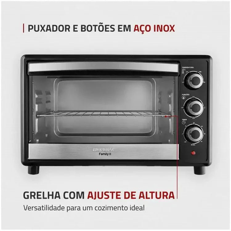 Forno elétrico preto Mondial Family II com puxador e botões em aço inox, grelha ajustável.