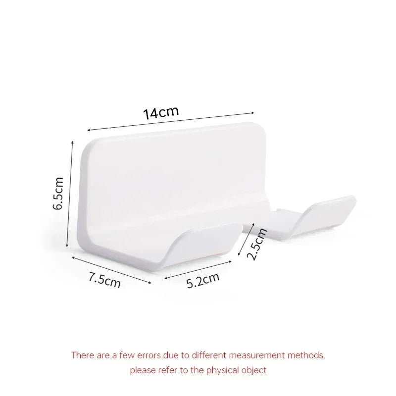 Suporte de parede branco para celular, com medidas detalhadas, ideal para organização.