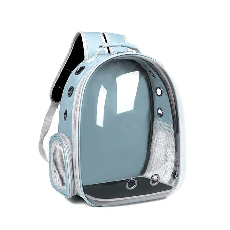 Mochila pet azul com visor transparente e aberturas de ventilação para transporte de animais.