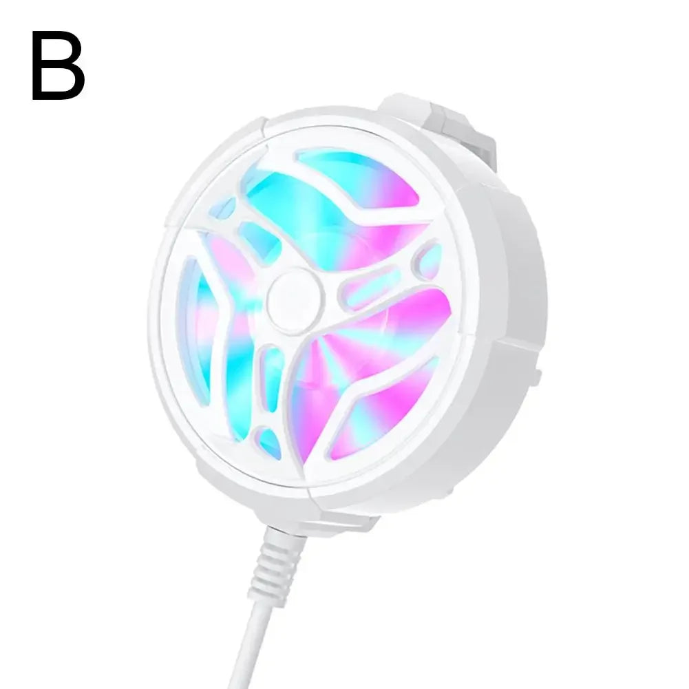 Ventilador portátil branco com luz LED RGB azul e rosa, fundo branco, letra B no canto