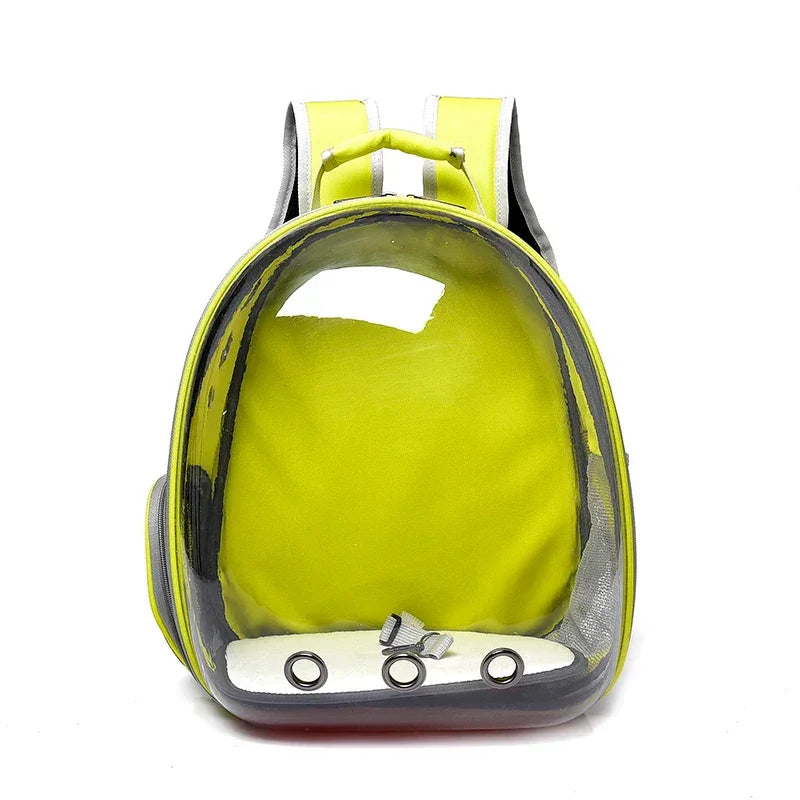 Mochila transparente para pets amarelo limão com entradas de ar, alças e visor rígido