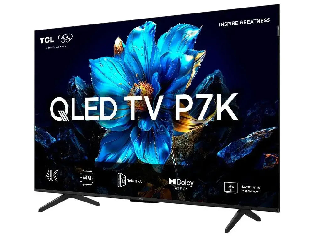 Smart TV TCL QLED P7K 4K com tela grande, Dolby Atmos e imagem de flor azul vibrante