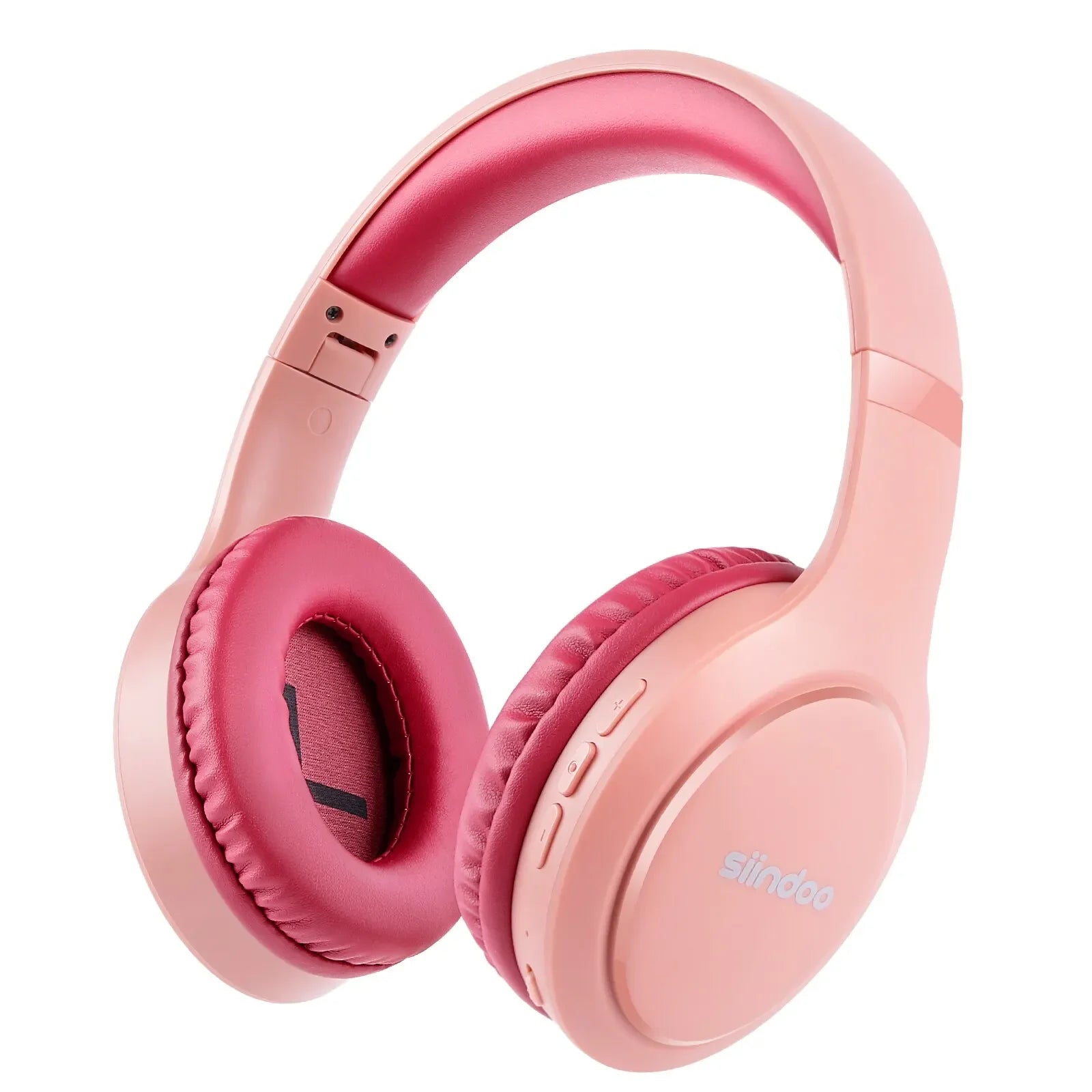Fone de ouvido bluetooth rosa Siindoo com almofadas internas vermelhas, vista lateral.
