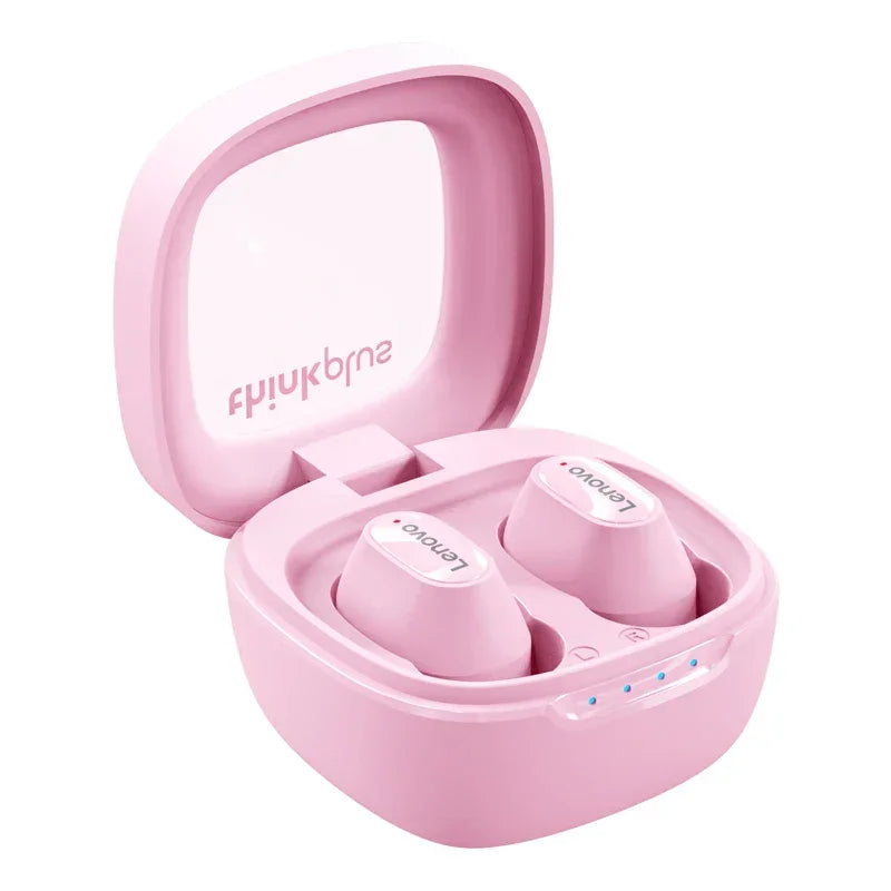 Fones de ouvido Lenovo rosa sem fio em estojo de carregamento compacto