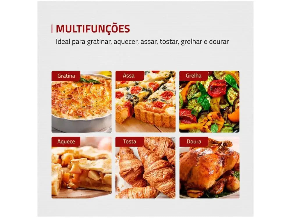 Painel com funções de forno, mostra gratinar, assar, grelhar, aquecer, tostar e dourar alimentos.