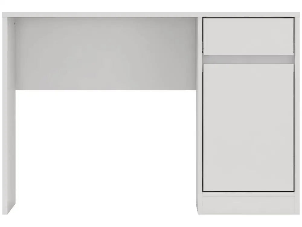 Mesa de escritório branca com gaveta e armário, design minimalista e moderno