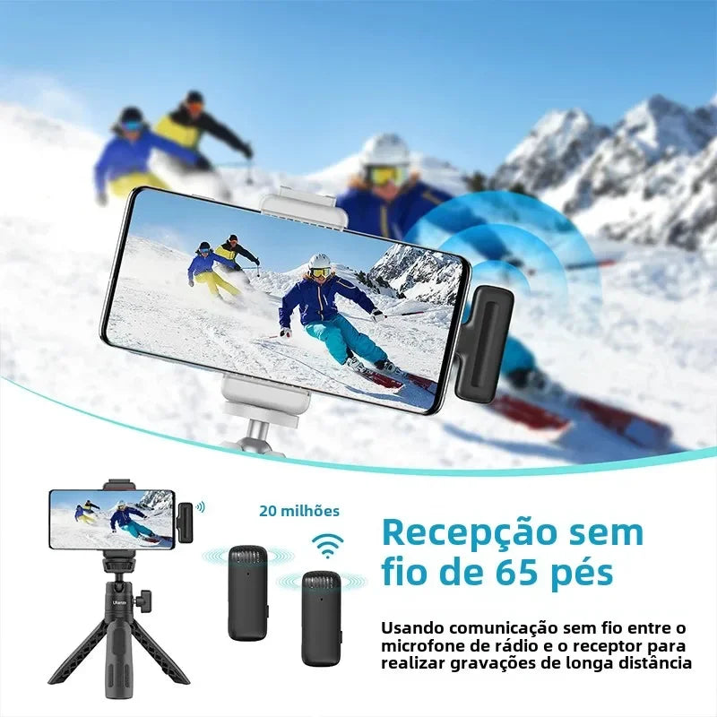Microfone sem fio para celular gravando esquiadores na neve com alcance de 65 pés