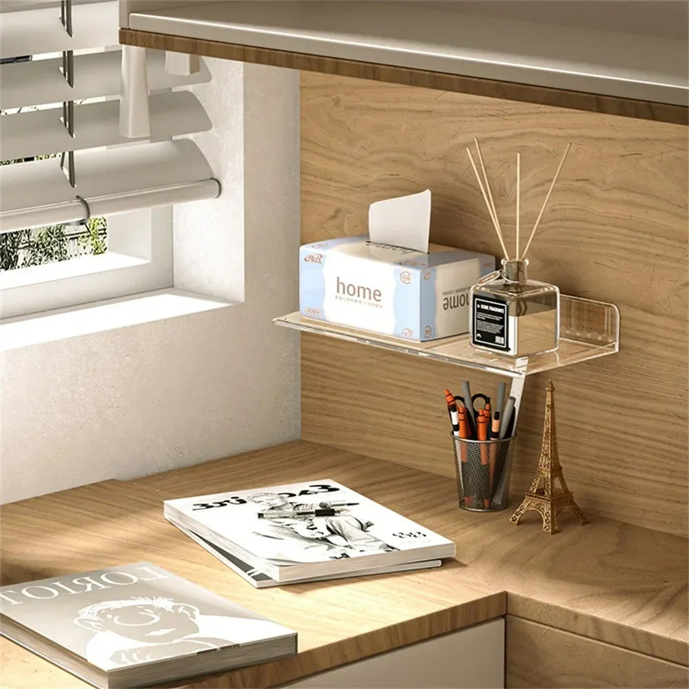 Prateleira acrílica para escritório com lenços, aromatizador, revistas e porta-lápis decorativo