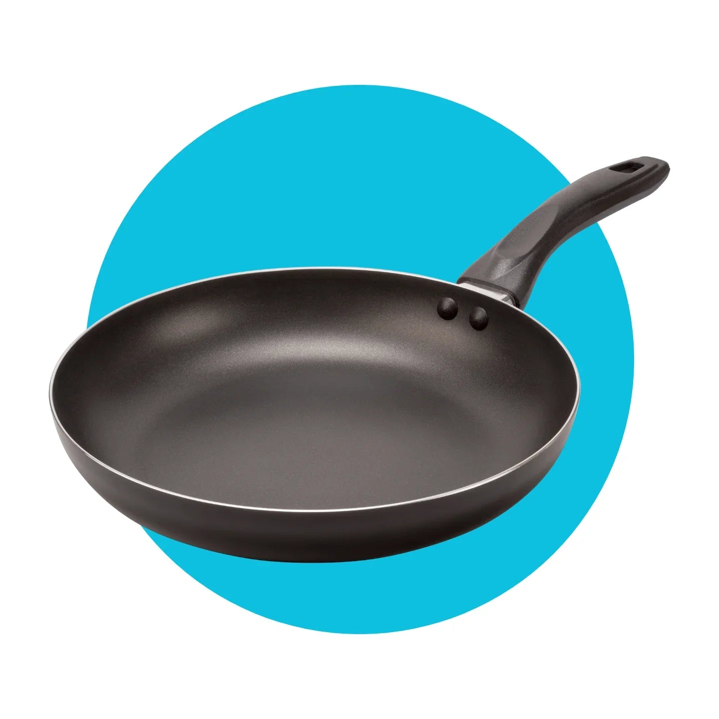 Frigideira antiaderente preta com cabo, fundo azul, utensílio de cozinha moderno