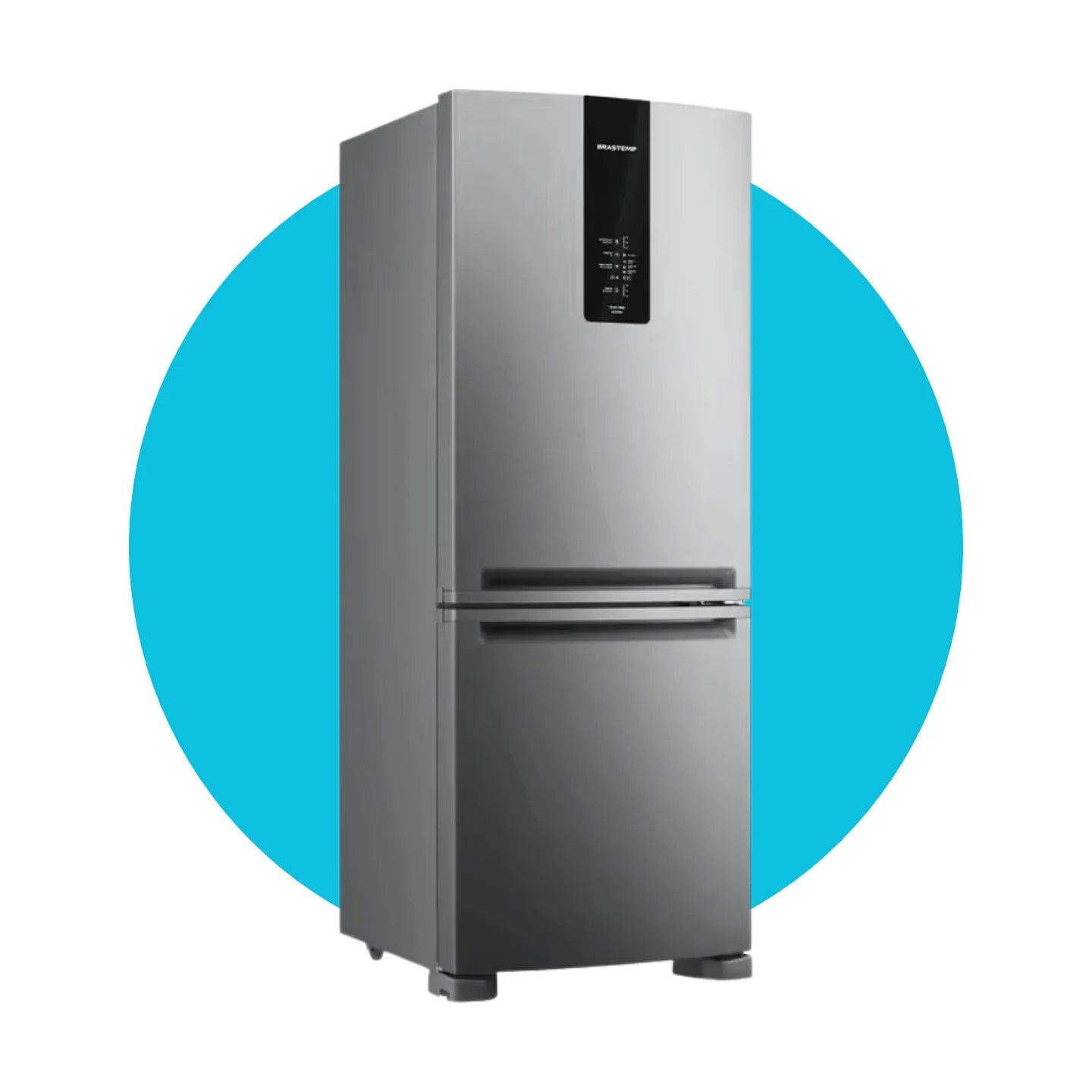 Geladeira inox moderna em pé com painel digital, fundo azul, eletrodomésticos cozinha