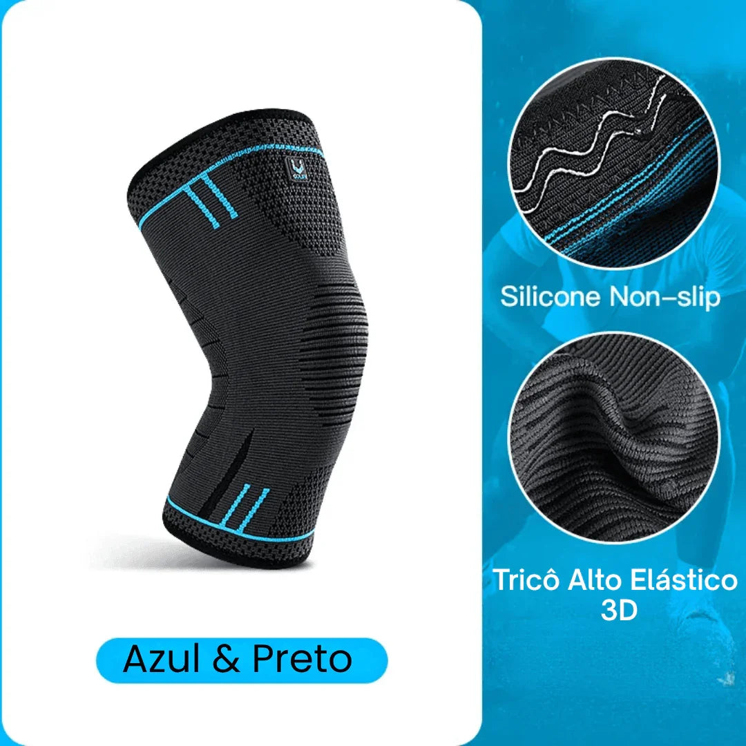 Joelheira azul e preta, antideslizante, tricó elástico 3D, acessório esportivo ortopédico.