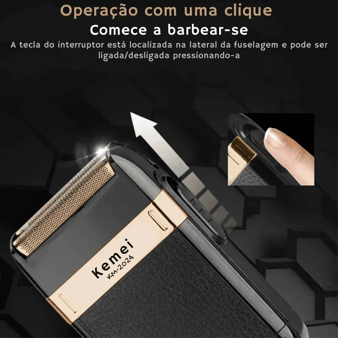 Barbeador elétrico Kemei KM-2024 preto e dourado com botão liga/desliga e dedo pressionando