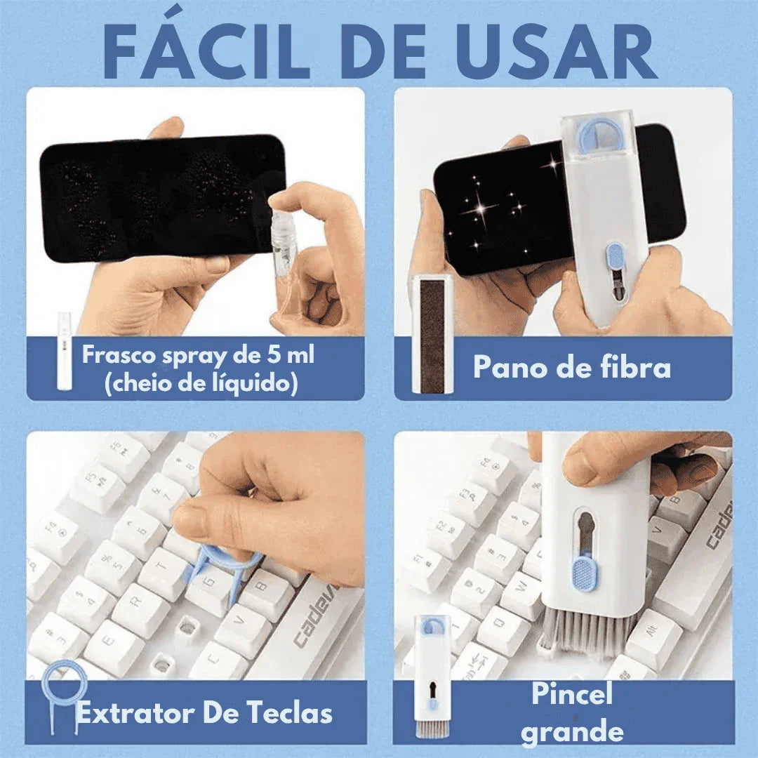 Kit de limpeza para teclado e tela com spray, pano de fibra, extrator de teclas e pincel grande.