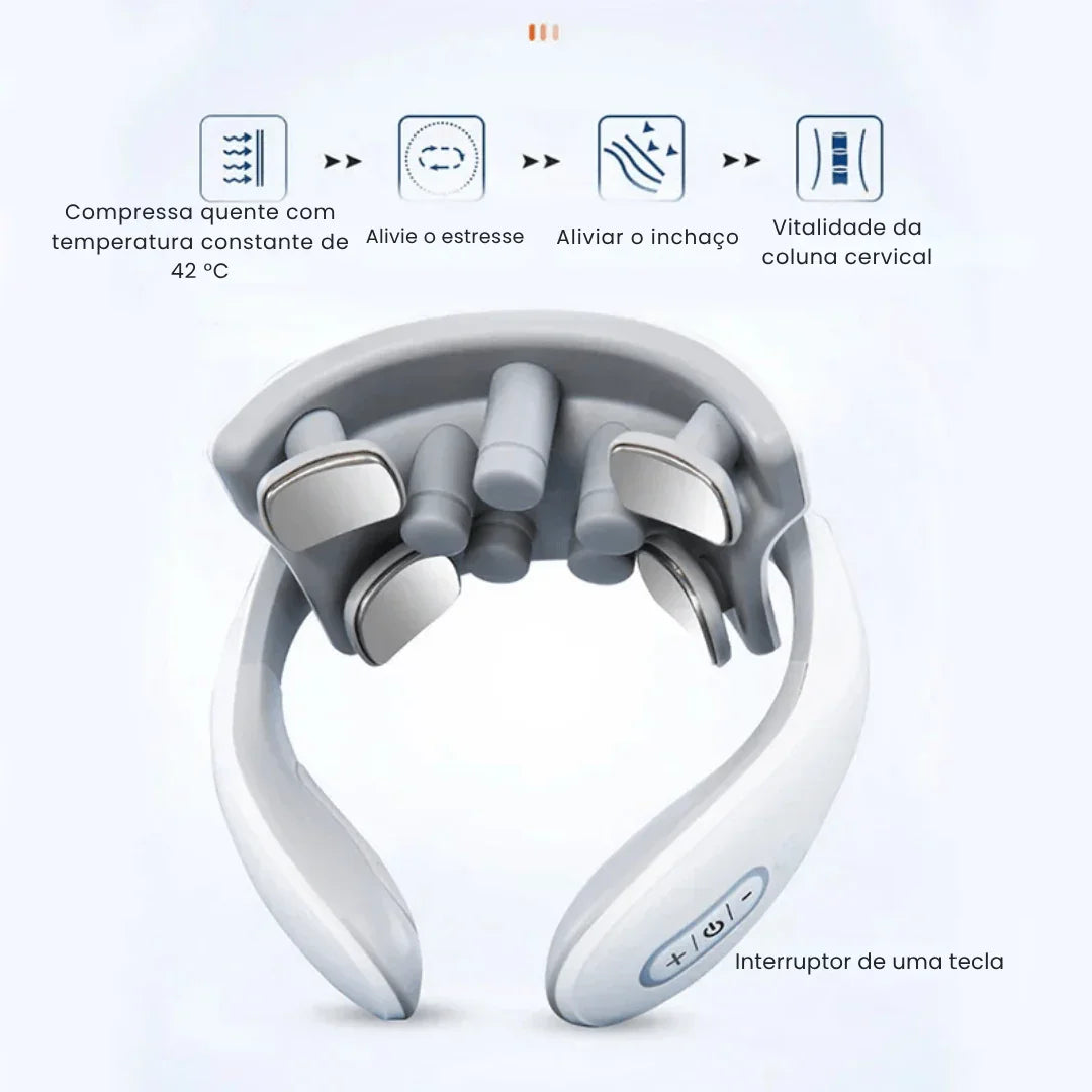 Massageador cervical elétrico branco com controles laterais, design ergonômico e funções de compressa quente.