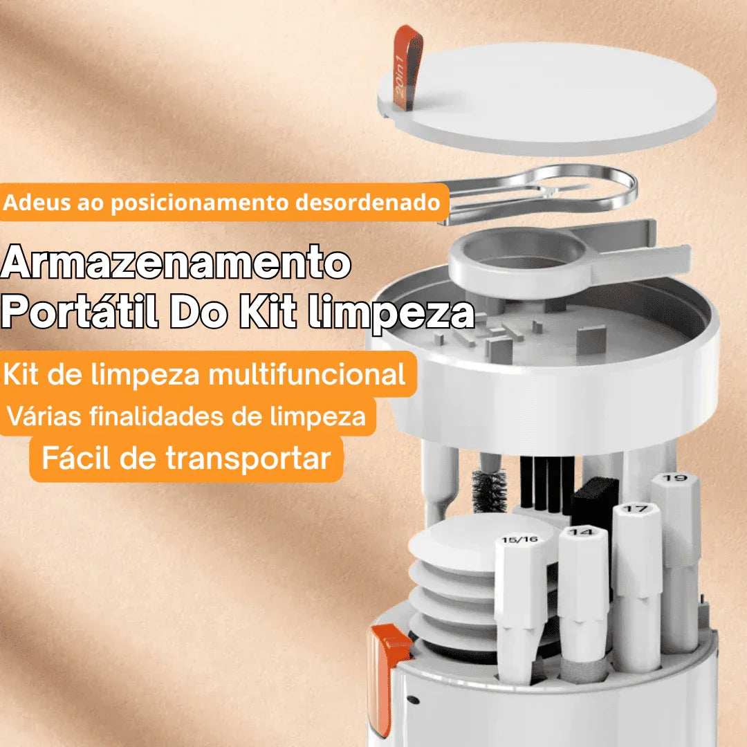 Kit de limpeza portátil multifuncional com compartimentos internos organizados, fundo bege.