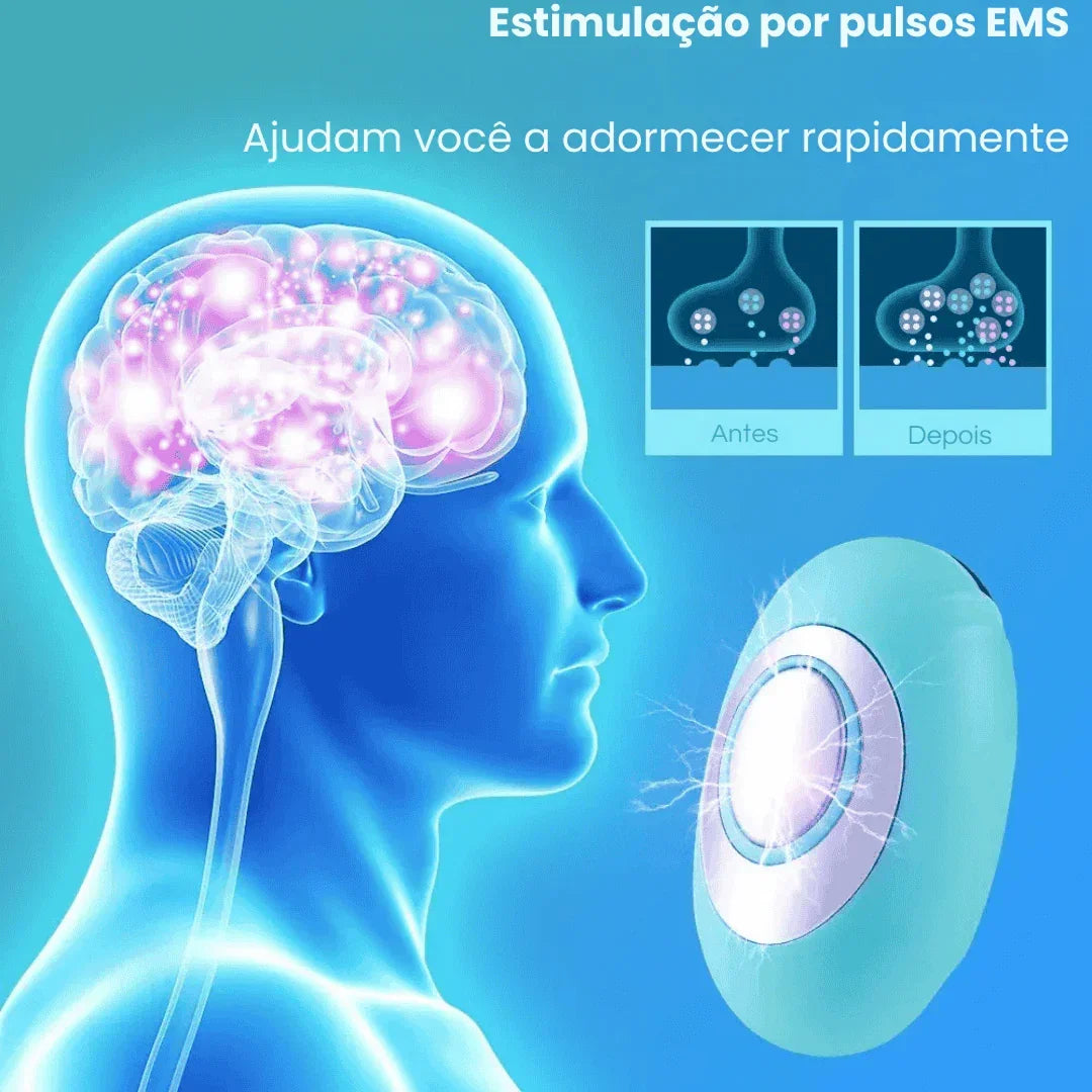 Ilustração de estímulo cerebral por pulsos EMS, aparelho azul para ajudar a dormir rápido.