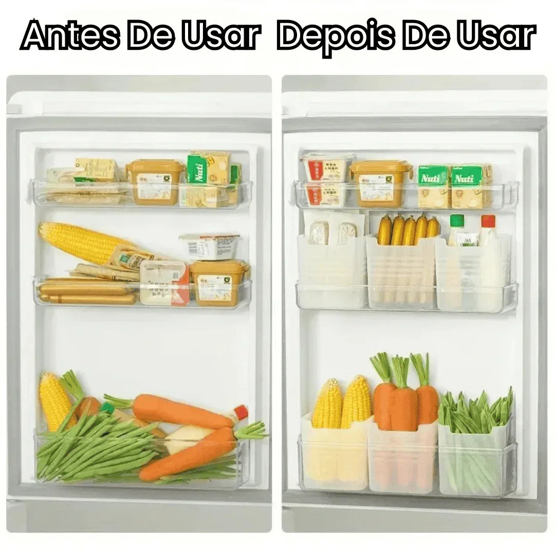 Antes e depois de usar organizadores plásticos na porta da geladeira com legumes e laticínios