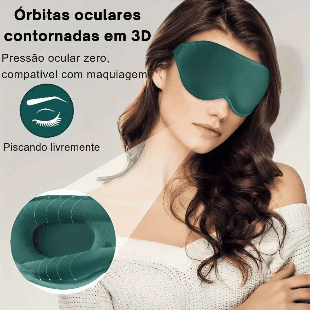 Mulher usando máscara de dormir 3D verde, destaque para órbitas oculares contornadas.