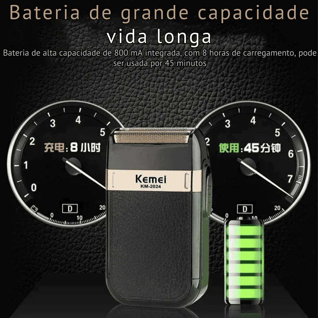 Barbeador elétrico Kemei KM-2024 com bateria de longa duração, destaque para autonomia.