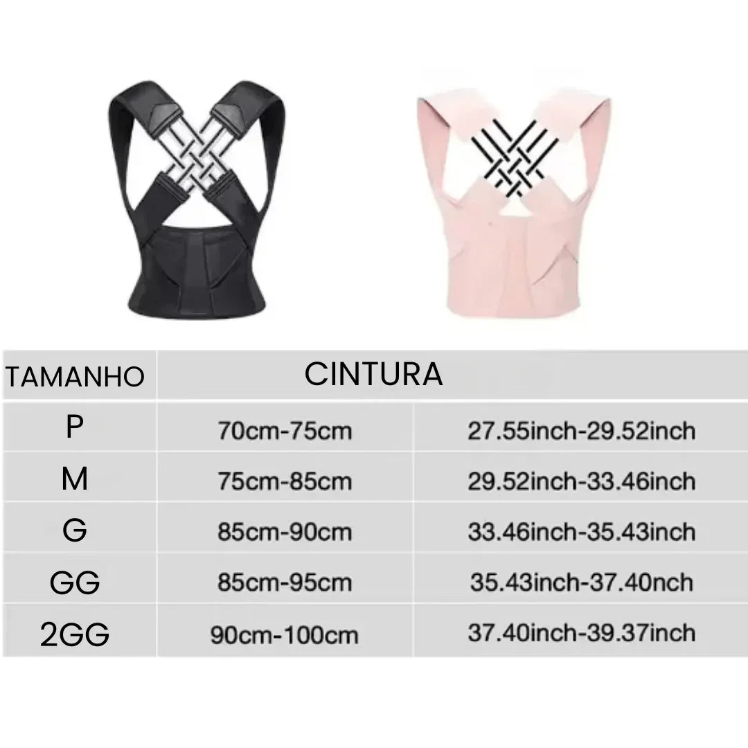 Cinta postural preta e rosa com tabela de tamanhos e medidas de cintura em centímetros e polegadas.